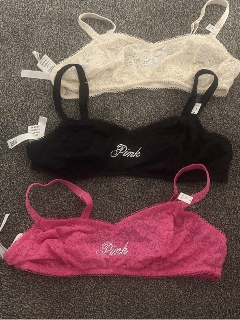 PINK Victoria's Secret Lace Bralette Trio — Black, Hot Pink & Cream